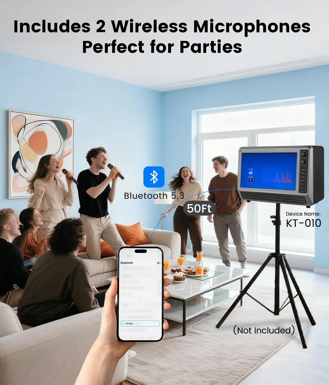 Feihe 15.6 inch Small Smart TV with Speaker System, Loud Portable Bluetooth Speaker Design Retro Smart Television, Karaoke Wireless Microphones, Support HDMI/AUX/USB for Home Party Camping - Image 4