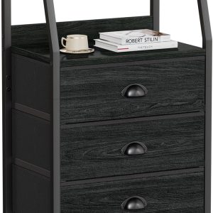 Furnulem Black Night Stand, Small Dresser for Bedroom, Nightstand with 3 Fabric Storage Drawers and 2-Tier Shelf, End Table Side Furniture for Closet, Hallway, Nursery, Sturdy Steel Frame, Wood Top