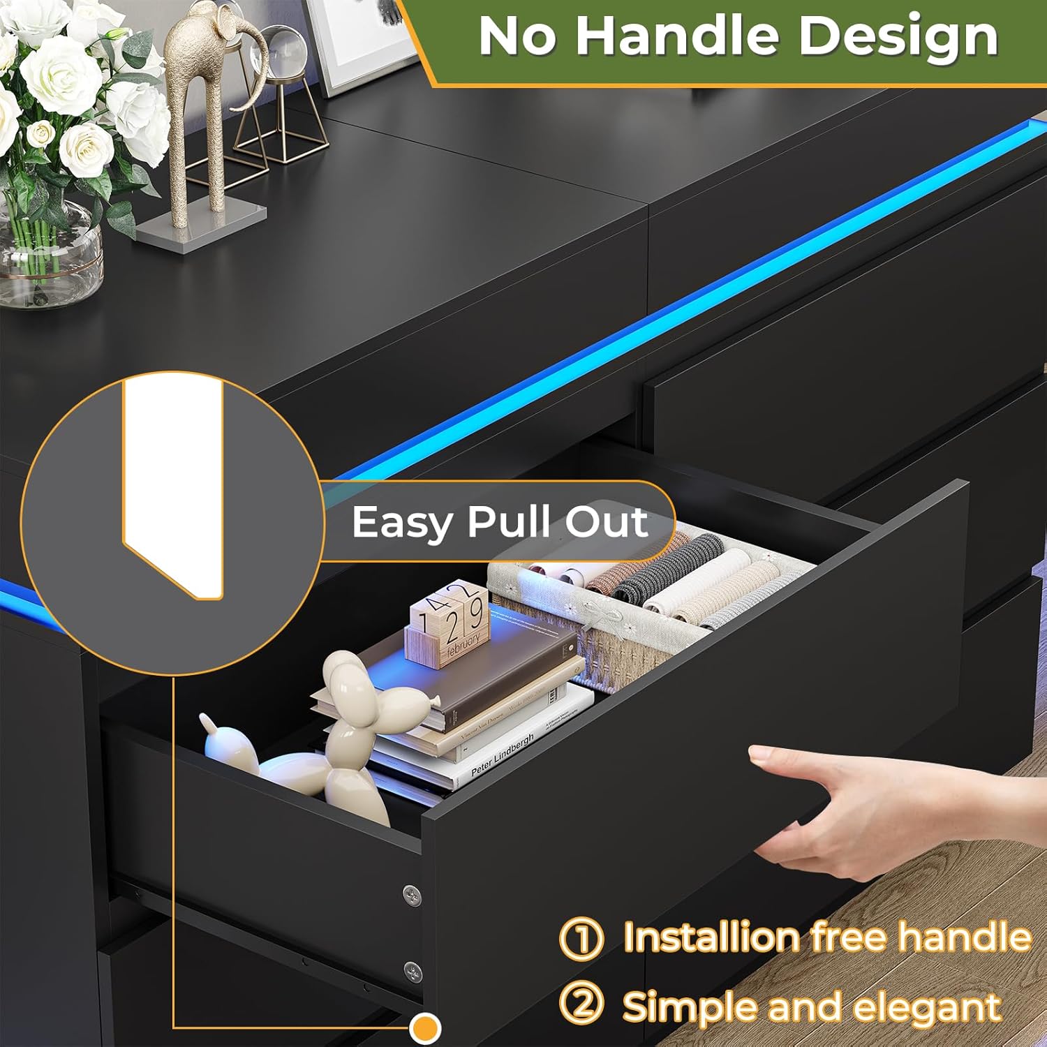 DICTAC Modern 6 Drawer Dresser with Sliding Desktop, Wide Chest of Drawers with Charging Station & LED Lights, Large Storage Tower Clothes Organizer, Black Dresser for Bedroom - Image 7