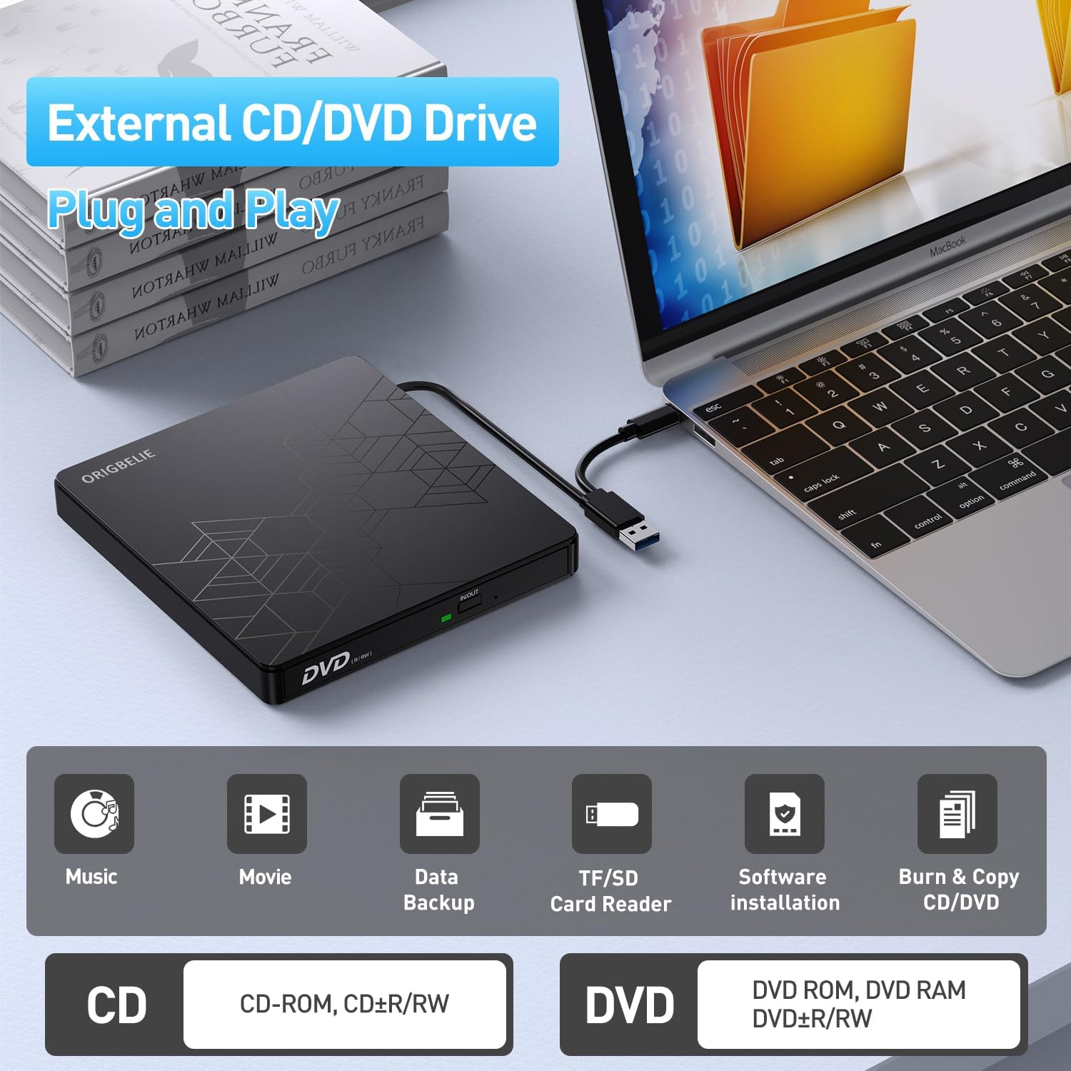 External DVD Drive, CD Drive USB 3.0 Typle C CD/DVD ROM +/-RW Adapter with USB Port DVD Burner for Laptop PC Desktop Computer, Optical Disk Drive CD Player Compatible with Mac Windows Linux - Image 2