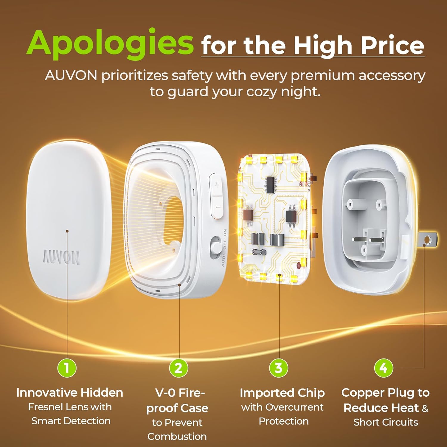 AUVON Plug-in LED Backlit Night Light with Motion Sensor & Dusk to Dawn Sensor, Dimmable Warm White Nightlight with 1-50 lm Adjustable Brightness for Bedroom, Bathroom, Stairs, Hallway (4 Pack) - Image 6