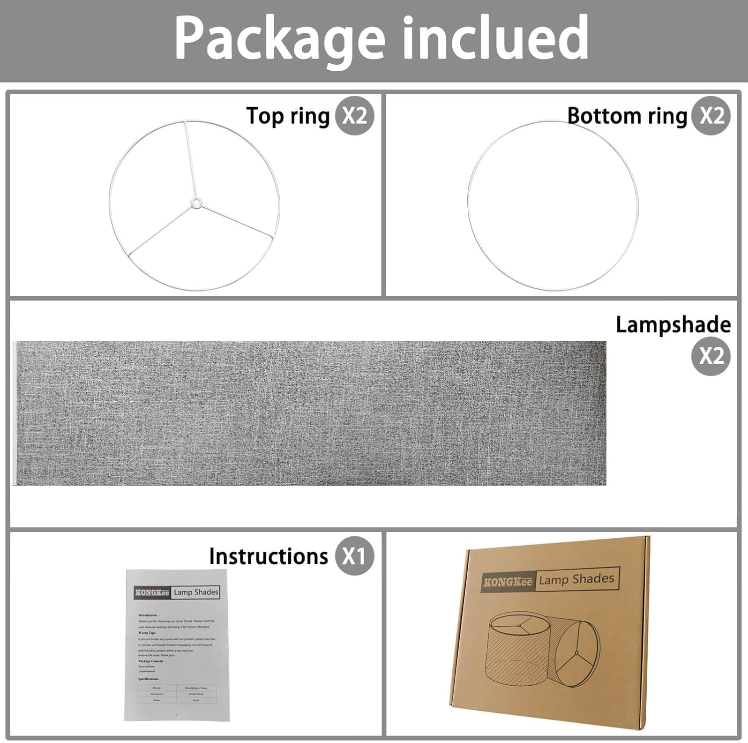 Drum Lamp Shades Set of 2, Gray Lamp Shade for Table Lamp, 13" Top x 13" Bottom x 10" High Fabric Large Lampshade, Decorative Lamp Shades, Easy Assembly Required (Gray) - Image 9