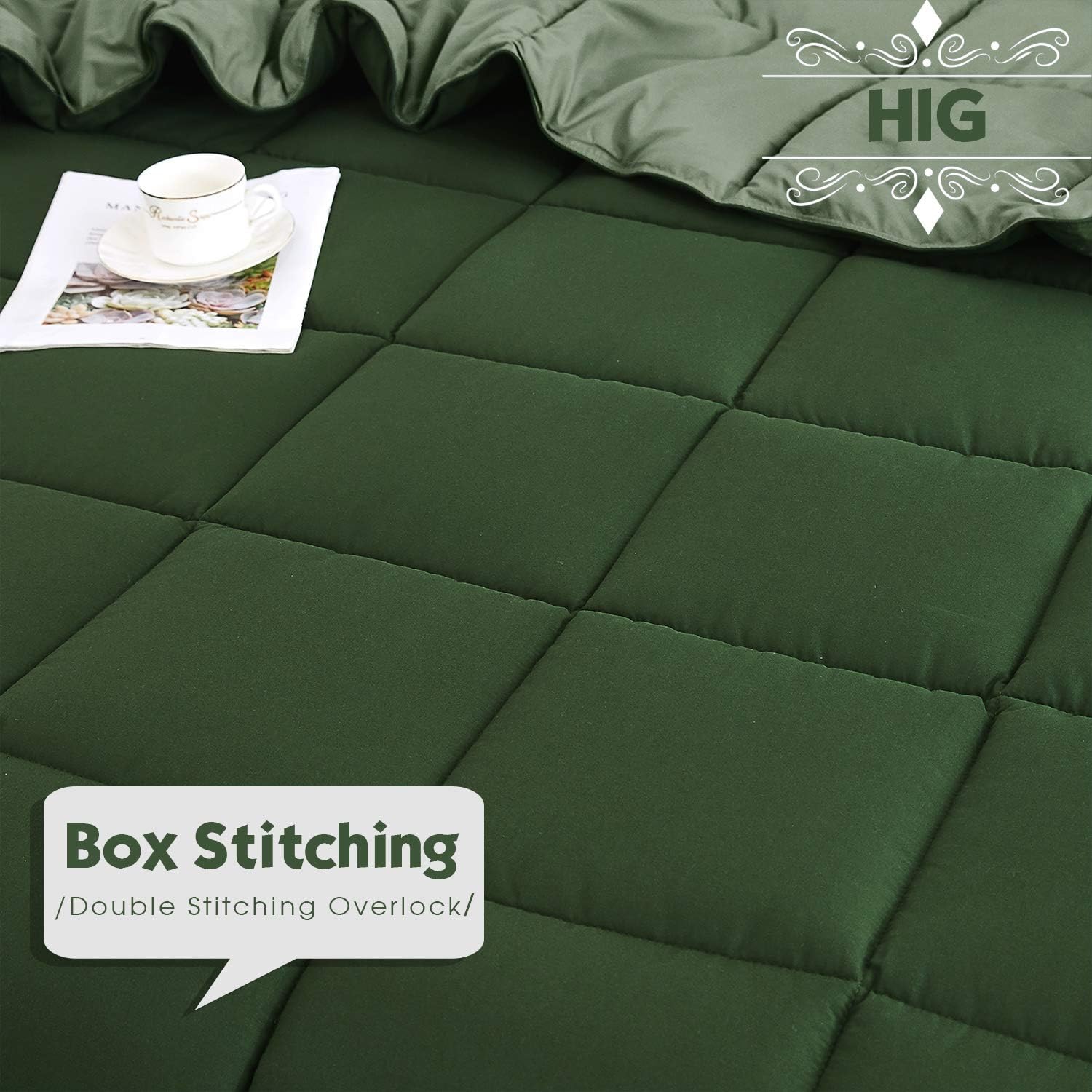 HIG 3pc Green Queen Size Comforter Set - All Season Reversible Down Alternative Bedding Comforter Set - Quilted Duvet Insert with Corner Tabs - Box Stitched Blanket - Breathable, Soft, Fluffy - Image 3