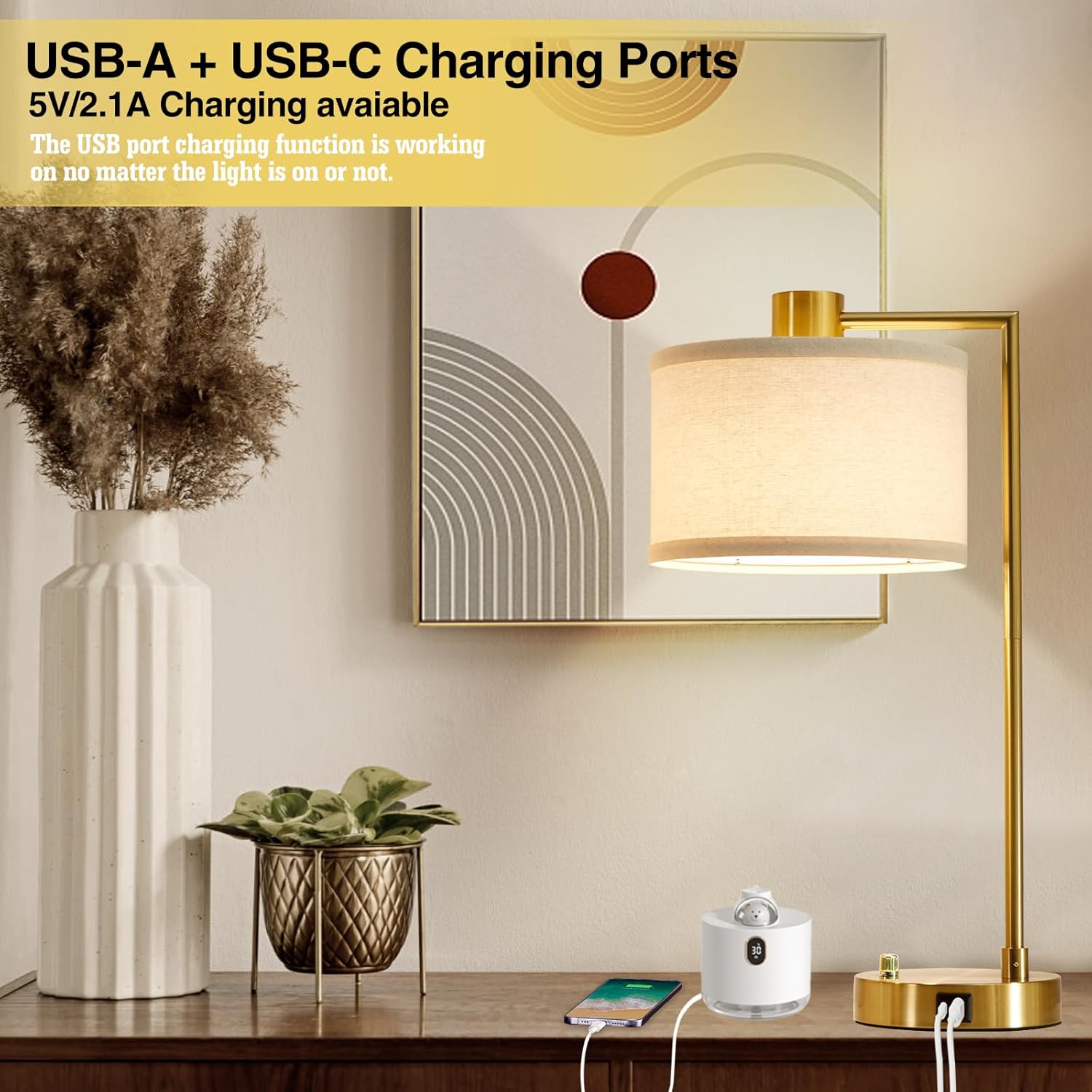 Luvkczc Table Lamp for Bedroom Set of 2 with USB C+A Ports, Fully Stepless Dimmable Bedside Lamp with Linen Lampshade, Nightstand Lamp for Living Room Reading Office, 2 LED Bulbs Included (Gold) - Image 8