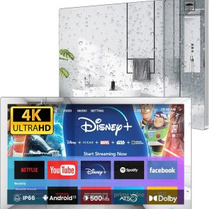 Haocrown 32" 4K Ultra HD Smart Bathroom Mirror TV, IP66 Waterproof, Android 13 System with Voice Remote for Google Assistant ATSC Tuner, 500 cd/㎡ High Brightness (Black Frame, 2025 Model)