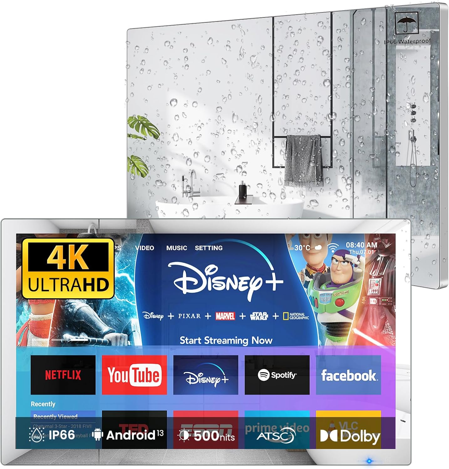 Haocrown 32" 4K Ultra HD Smart Bathroom Mirror TV, IP66 Waterproof, Android 13 System with Voice Remote for Google Assistant ATSC Tuner, 500 cd/㎡ High Brightness (Black Frame, 2025 Model)