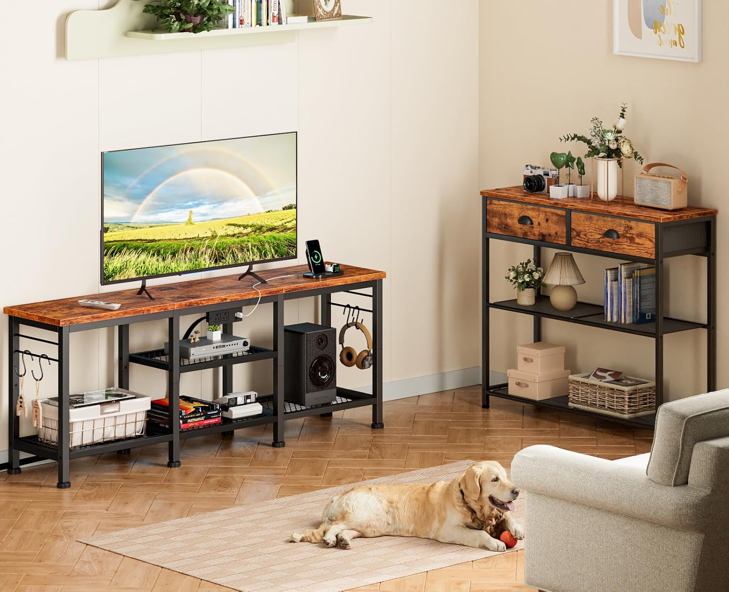 Furologee TV Stand with Power Outlets, Entertainment Center with Open Storage Shelves for TVs up to 55 Inch, Media Console Table with Soundbar Shelf for Living Room, Bedroom, Rustic Brown - Image 7