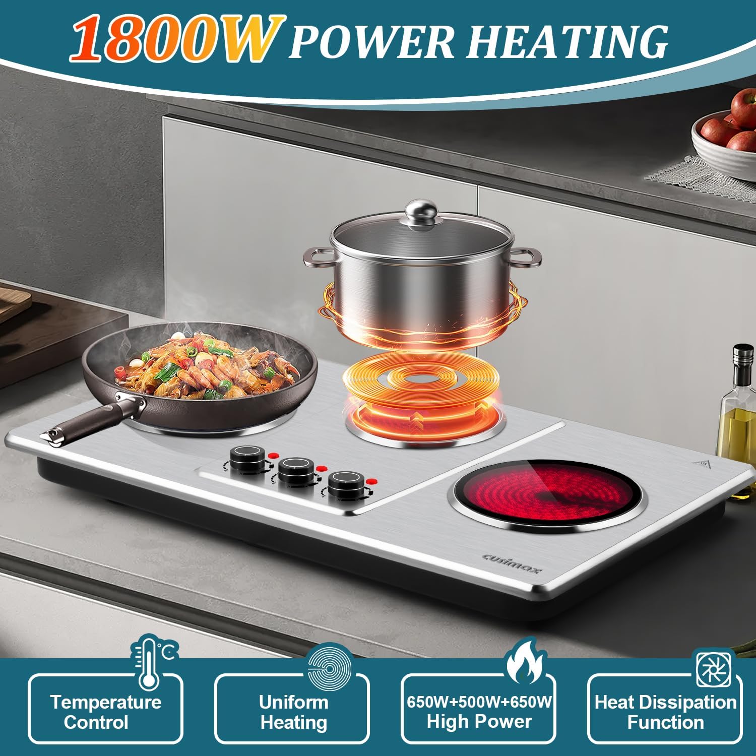 Cusimax Hot Plate Electric,Countertop Infrared Triple Burner with 7″Ceramic Glass Cooktop,Electric Hot Plate for Cooking,11 Level Temperature Setting - Image 3