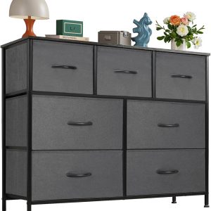 OLIXIS 7 Drawers Dresser for Bedroom, Fabric Storage Tower for Living Room, Entryway - Sturdy Steel Frame, Wooden Top & Easy Pull Fabric Bins, Closet Chests Organizer for Clothes, Classic Grey