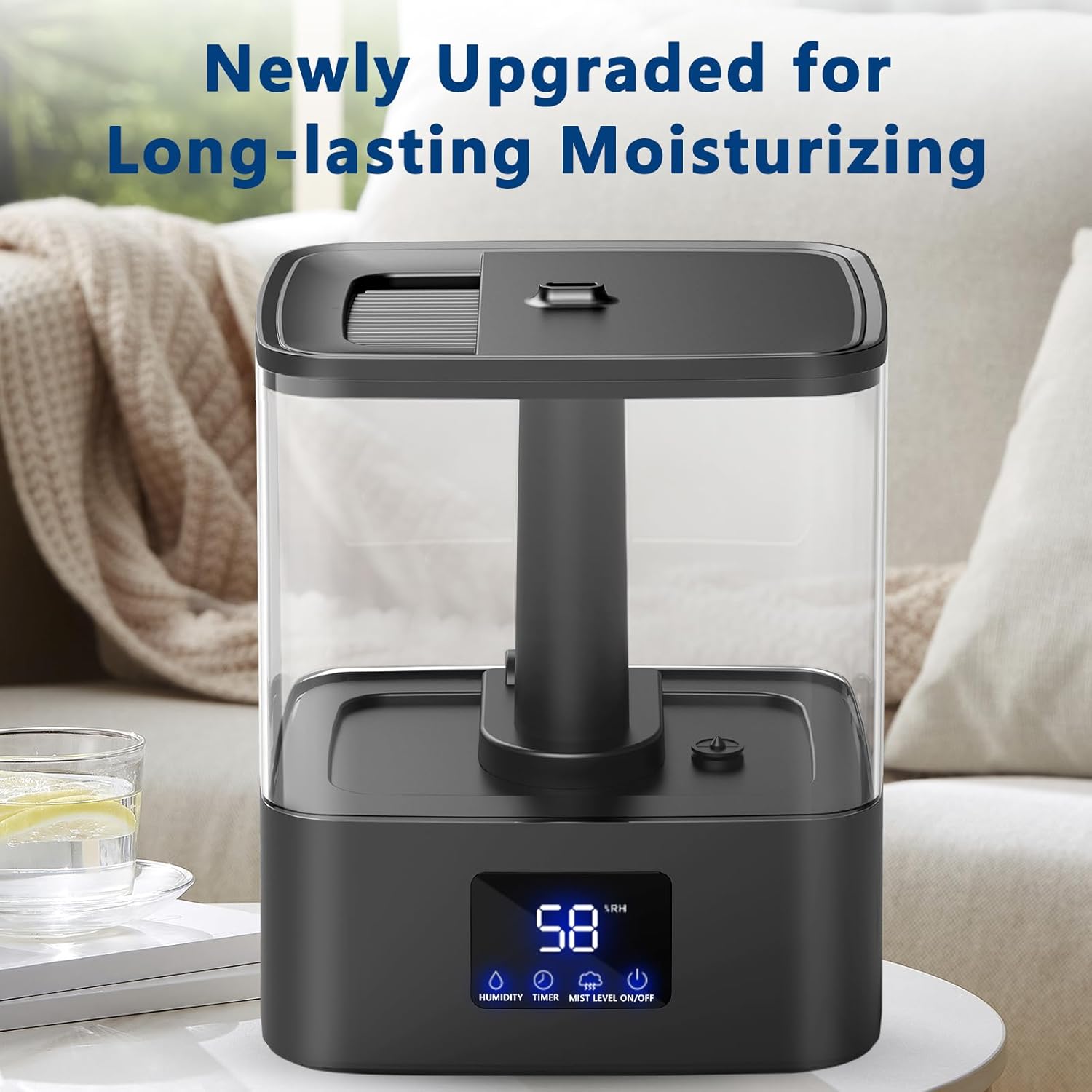KZF 4L Top Fill Humidifiers for Bedroom & 60H Runtime - Cool Mist Humidifier, 3 Mist Levels, 8H Timer, Essential Oil Tray, Humidity Display, Quiet for Bedroom, Baby, Plants, Large Room - Image 4