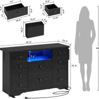 LIKIMIO Dresser with 10 Drawers, Bedroom Wooden Chest of Drawers with LED Lights and Power Outlets, Fabric Side Pocket, TV Stand for Living Room, Black - Image 2