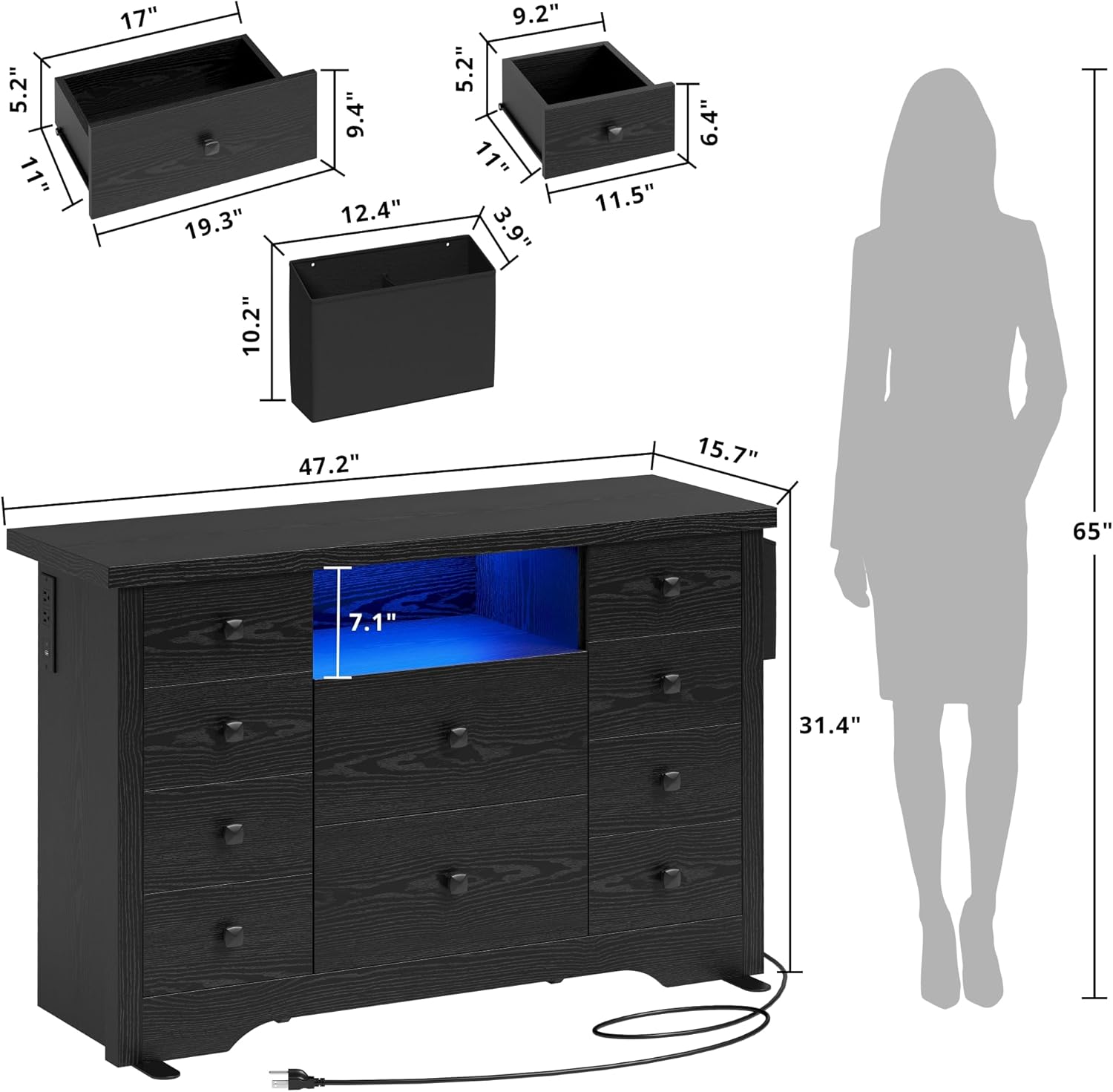LIKIMIO Dresser with 10 Drawers, Bedroom Wooden Chest of Drawers with LED Lights and Power Outlets, Fabric Side Pocket, TV Stand for Living Room, Black - Image 2