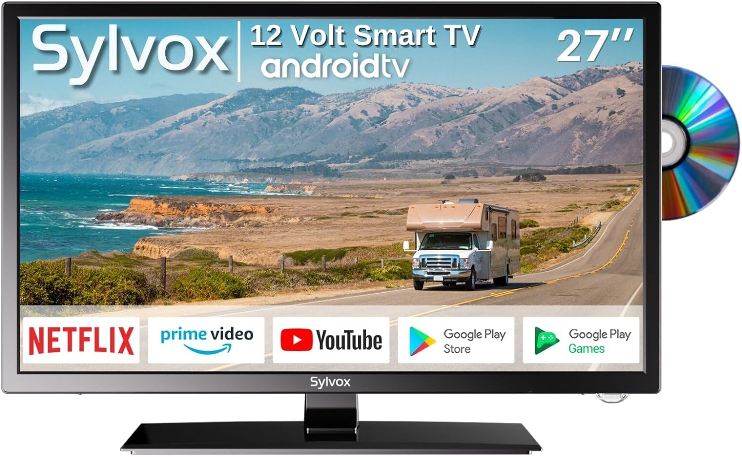 SYLVOX RV TV, 27-Inch 12 Volt Television, Smart Google TV, Full HD 1080P, DVD Built-in, 178° Wide Viewing, HDMI & USB Ports, AC/DC, Wide Voltage Protection, Trailer Seies