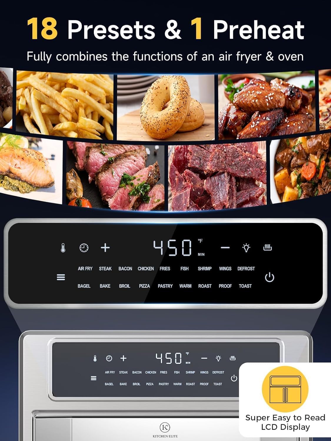 Kitchen Elite Air Fryer Toaster Oven Combo, 26.4 Qt Convection Oven Countertop, 18-in-1, Stainless Steel Large Airfryer, 4 Zone with Accessories, Digital Full Touch Screen, Easy to Clean - Image 2