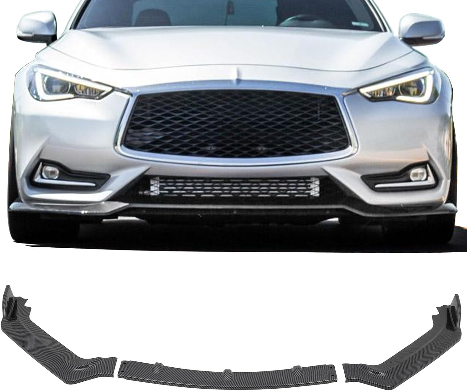 SCITOO Front Lip Spoiler Fits for 2017-2020 for Infiniti Q60 Coupe Glossy Carbon Look V Style Front Bumper Lip