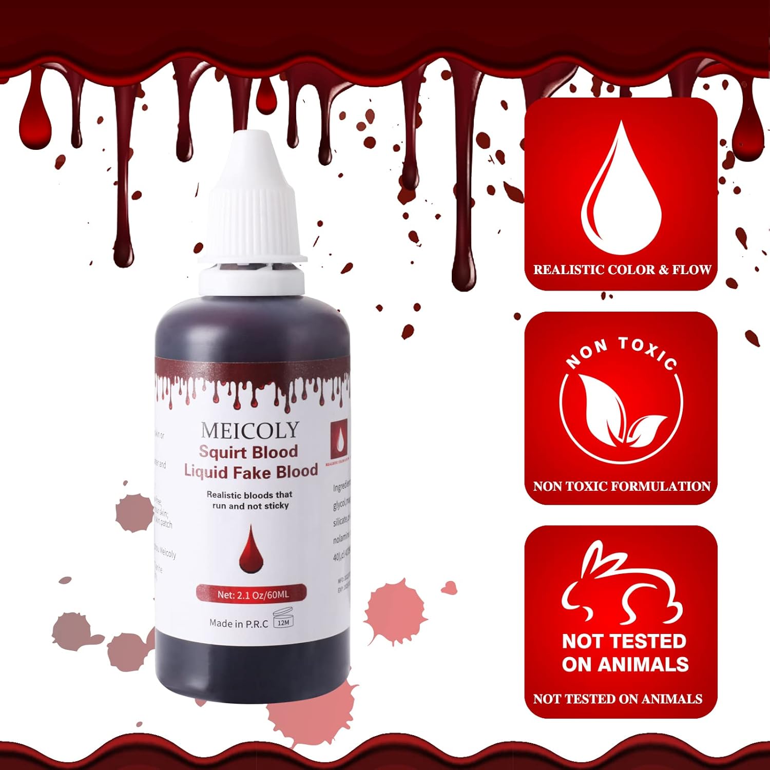MEICOLY 2.1Oz Halloween Dripping Fake Blood,Safe Realistic Washable Edible Liquid Blood Sangre Falsa with 0.7 Oz Cleaning Soap,Squirt Blood for Clothes,Zombie Vampire Monster,SFX Cut Wound Makeup,Dark - Image 4