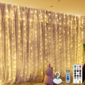 Warm White Curtain Light for Bedroom, 300 LED 9.8ft x 9.8ft Window Fairy Curtain String Light with 16 Hooks, 8 Models Remote Control for Wedding Party Home Garden Indoor Decorations
