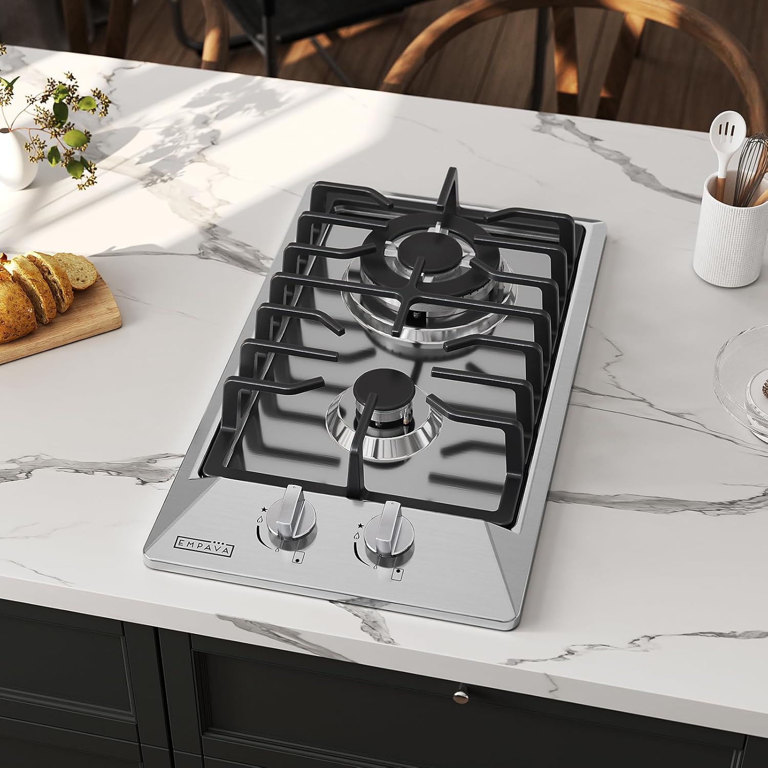 Empava 12 in. Gas Stove Cooktop 2 Italy Sabaf Sealed Burners NG/LPG Convertible in Stainless Steel, 12x21 Inch - Image 2