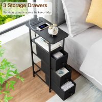 Narrow End Tables Living Room Set of 2 with Charging Station, Skinny Side Table with Fabric Drawers, Slim Nightstand for Bedroom, Small Spaces, Couch, Black, HETNDP03BK - Image 8