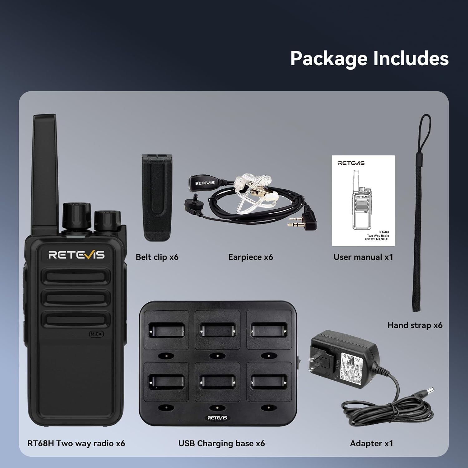 Retevis RT68H Walkie Talkies for Adults Long Range,Portable FRS Two-Way Radios Rechargeable,Intuitive,Channel Power Display, with 6 Way Multi Charger,Hands Free Walkie Talkies with Earpiece (6 Pack) - Image 9