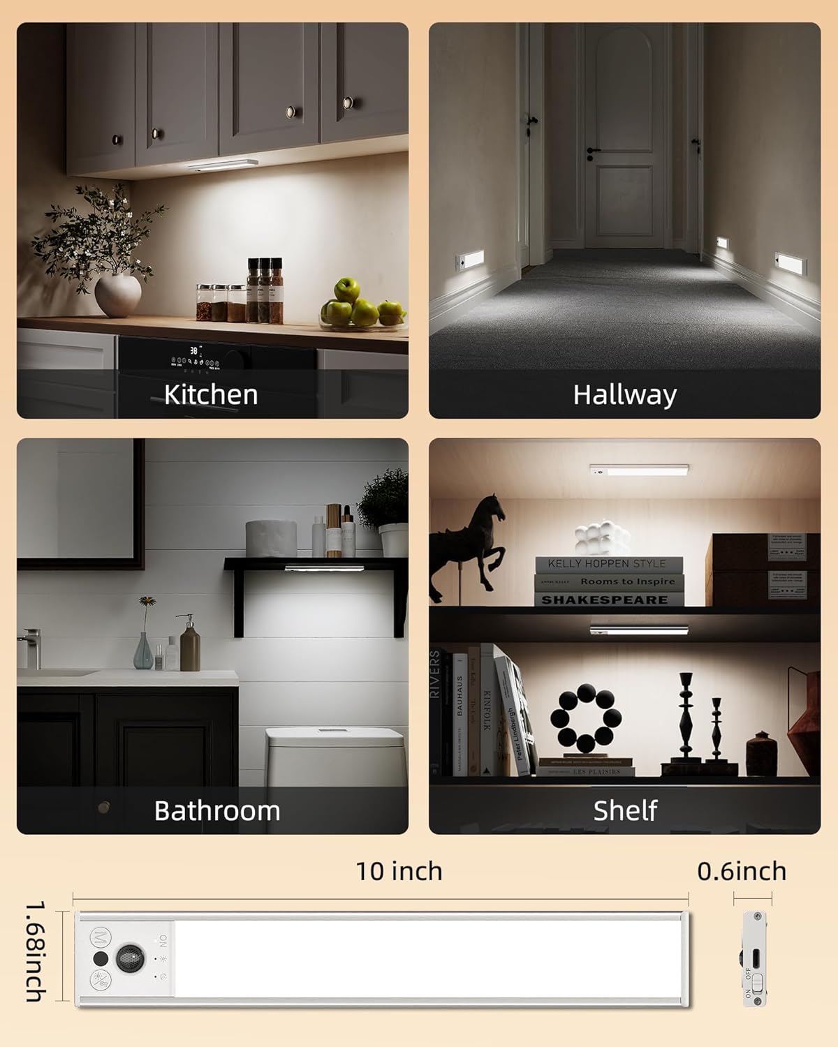 EZVALO 10inch Under Cabinet Lighting, LED Motion Sensor Light Indoor, 2400mAh USB Rechargeable Closet Lights, Dimmable & Magnetic Wireless Under Counter Lights for Kitchen, Pantry, Stairs (2 Pack) - Image 7