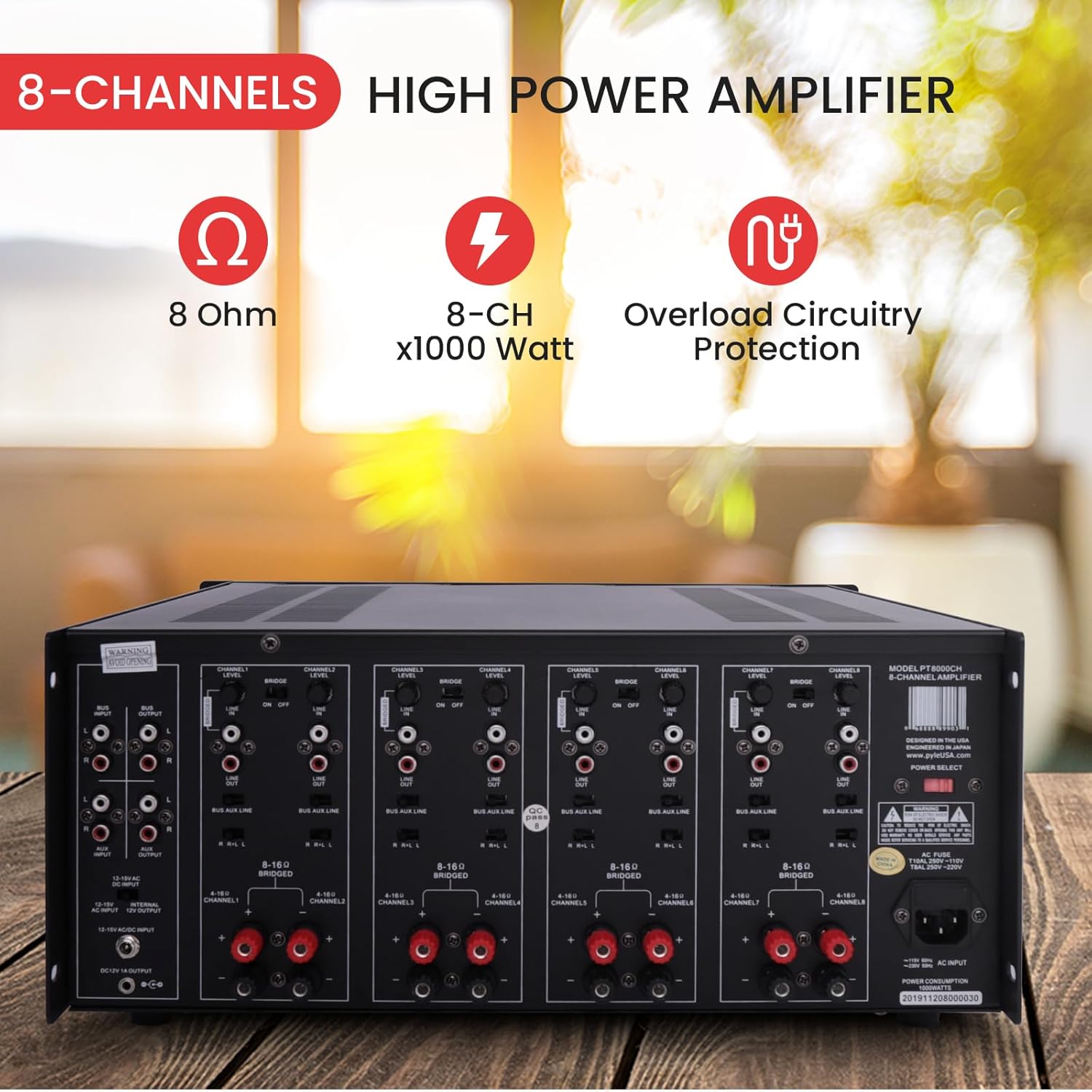 Pyle 4 Multi-Zone Stereo Amplifier - 19” Rack Mount, Powerful 8000 Watts with Speaker Selector Volume Control & LED Audio Level Display, 4-Ch. Bridgeable Switches - PT8000CH - Image 2