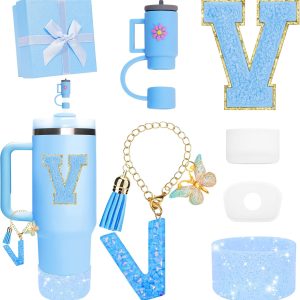 Blue Accessories for Stanley Cup Accessories 30OZ 40OZ, All Accessories Gift Box Contain Flower Straw Topper, Sillicone Boot, Letter Stickers and Pendants,Spill Stopper Set (Blue V)