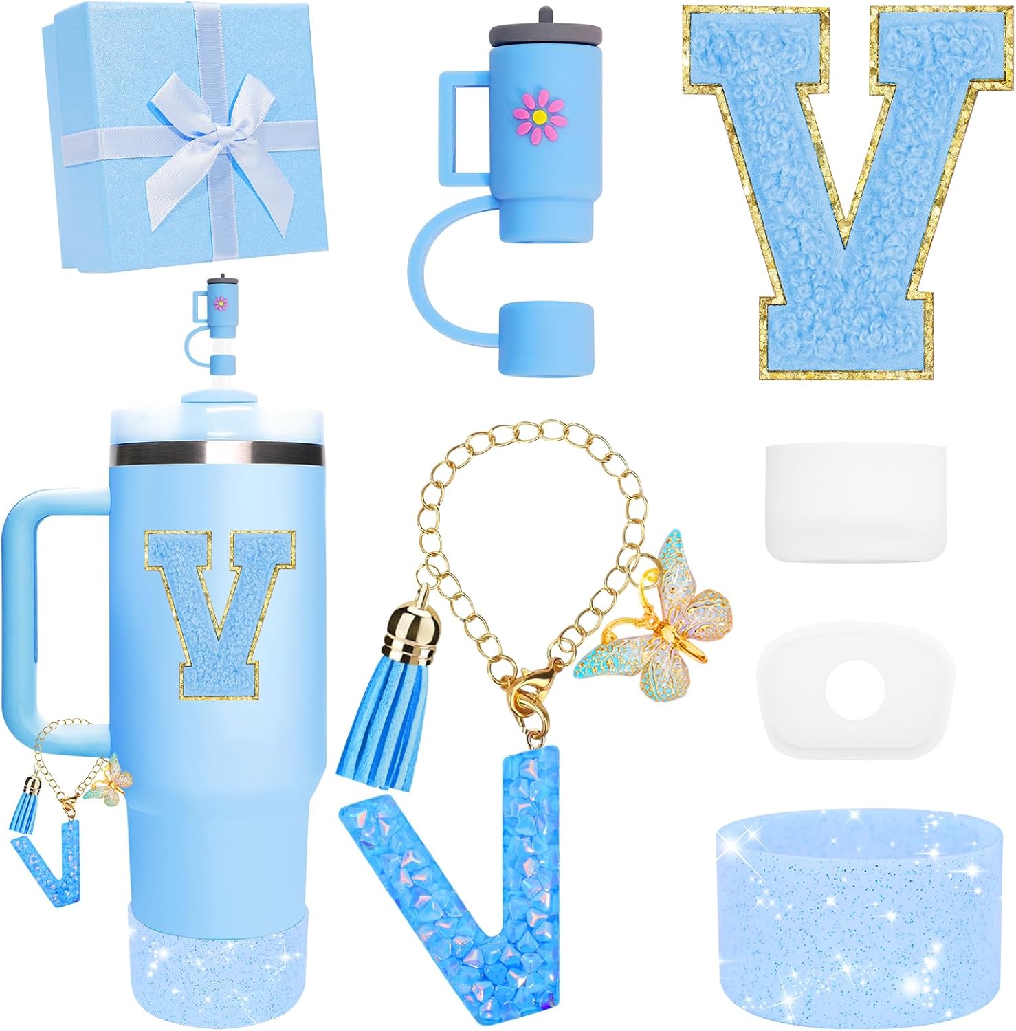 Blue Accessories for Stanley Cup Accessories 30OZ 40OZ, All Accessories Gift Box Contain Flower Straw Topper, Sillicone Boot, Letter Stickers and Pendants,Spill Stopper Set (Blue V)