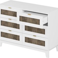 4 Pieces Bedroom Sets Queen Size Farmhouse Platform Bed with Wooden Strip Decoration, 2 Storage Nightstands and A 6-Drawer Dresser with Metal Handle for Kids Teens Adults - White - Image 5