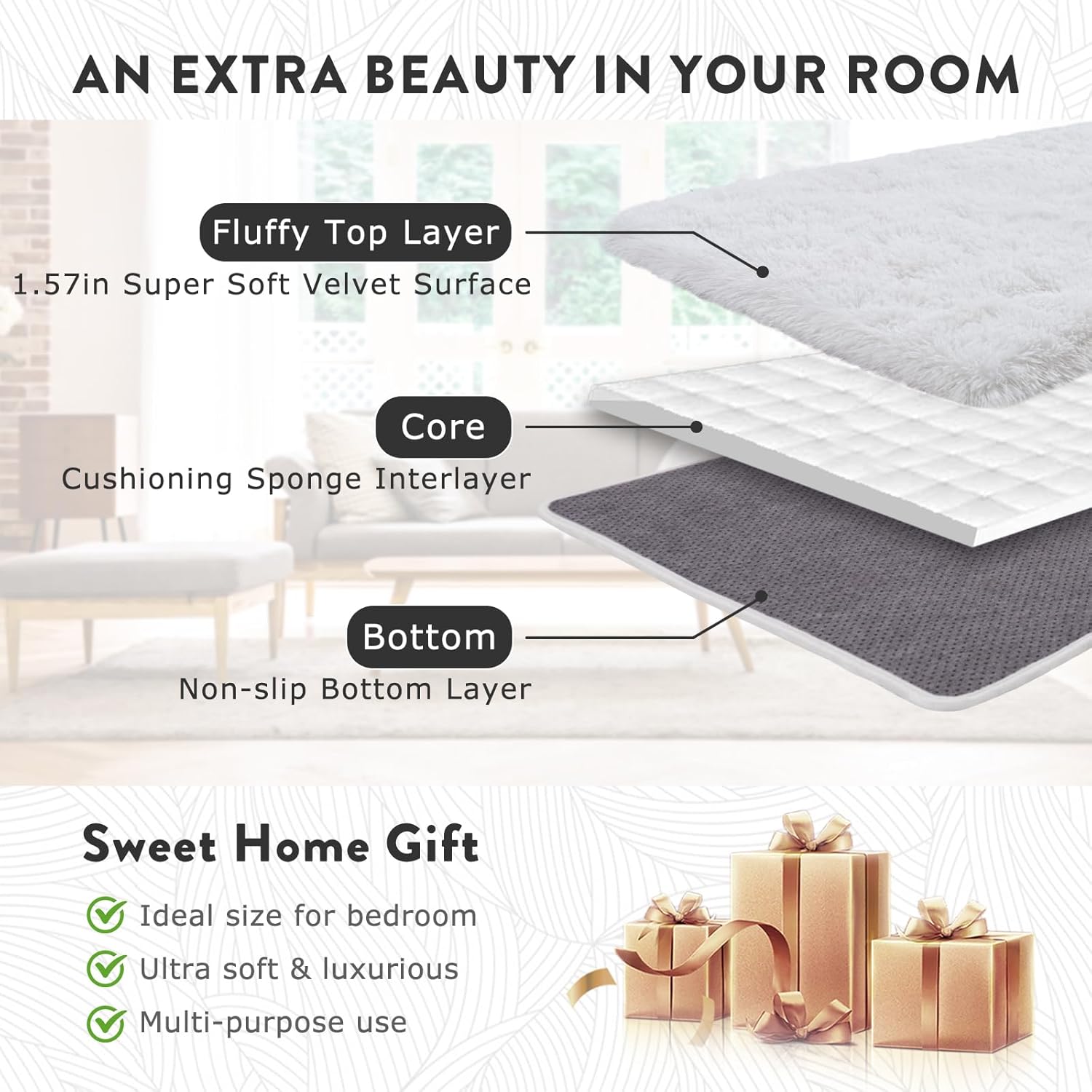 Shaggy Rugs for Bedroom Living Room Dorm Kids Room Decor, Soft Modern Indoor Fluffy Shag Area Rug, Non-Slip Fuzzy Floor Carpet 2x3 Feet, Cute Small Rectangle Plush Rug, White - Image 7