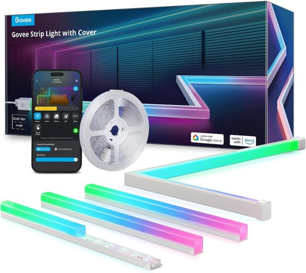 Govee RGBIC LED Strip Lights 32.8ft with Covers, Smart Lights Work with Alexa and Google Assistant, LED Diffuser Channel with LED Lights for Bedroom, Skirting Lines, Studio, Cabinet