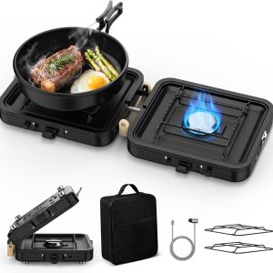 Camp Stove Propane, 2 Burner Folding Propane Camping Stove with Carrying Bag, Adjustable High Heat Burners & Piezo Push-Button Instant Ignition, Outdoor Tailgating, Backyard BBQ Camping Essentials