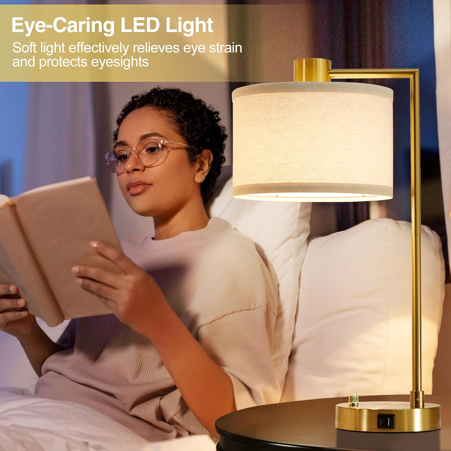 Luvkczc Table Lamp for Bedroom Set of 2 with USB C+A Ports, Fully Stepless Dimmable Bedside Lamp with Linen Lampshade, Nightstand Lamp for Living Room Reading Office, 2 LED Bulbs Included (Gold) - Image 5