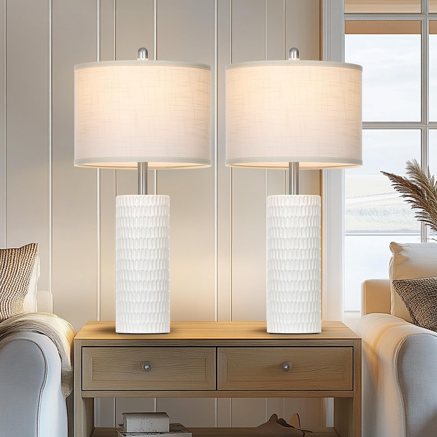 27" Ceramic Table Lamp, Farmhouse Table Lamp for Living Room, White Lamp for Bedroom, Night Stand, Modern Bedside Lamp Set of 2, End Table Lamps, White(2 Bulbs Included) - Image 3