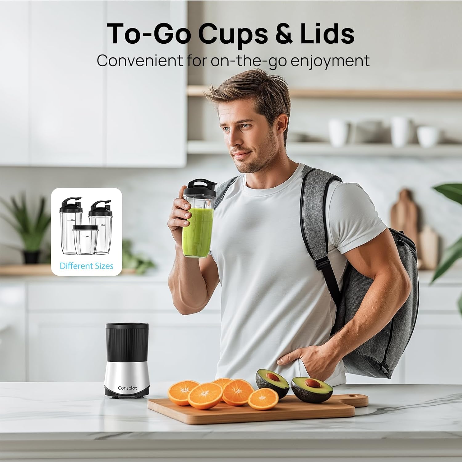 Consciot CB08 11-Piece Blender for Kitchen and Personal Size, Blend Shakes and Smoothies, Frozen Drinks, Baby Food, Spreads & More, 3 Portable To-Go Cups & 2 Spout Lids & 1 Solid Lid, 900 Peak Watts - Image 6