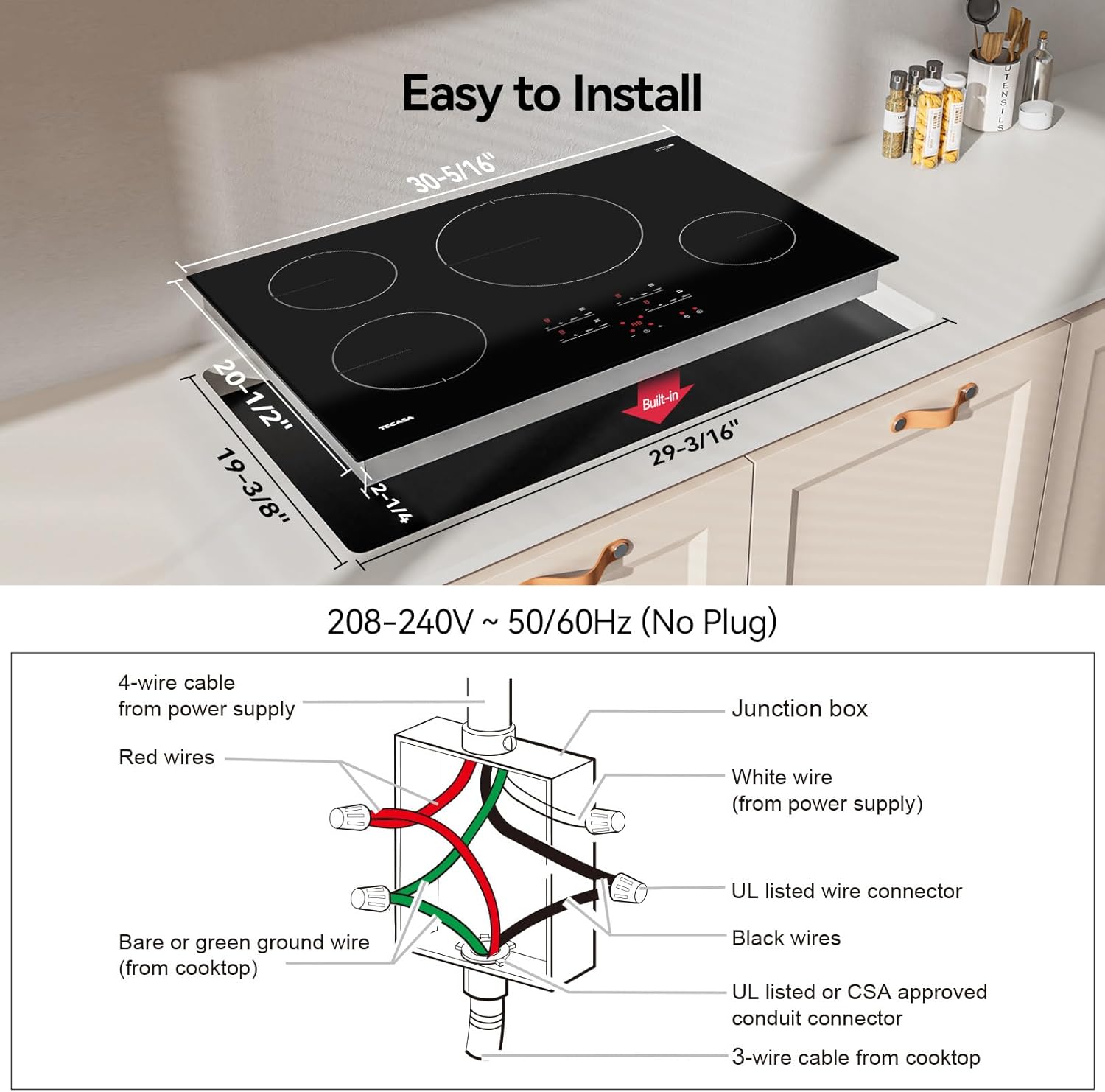30 Inch Induction Cooktop 7400W, TECASA Built-in Induction Stovetop with 4 Boost Burner, Timer & Child Safety Lock, 9 Heating Level, Sensor Touch Control, 240V, Drop-in Electric Stove Top - Image 5