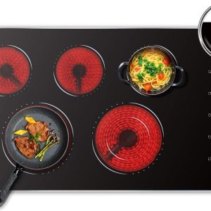 Hobsir Electric Cooktop 36 Inch, Electric Stove Top Burner, 5 Burners 36 Cooktop, Knob Control 8400W Drop-in Ceramic Stove with Glass Metal Frame, Dual Ring, 220-240V, Hard Wired (No Plug)