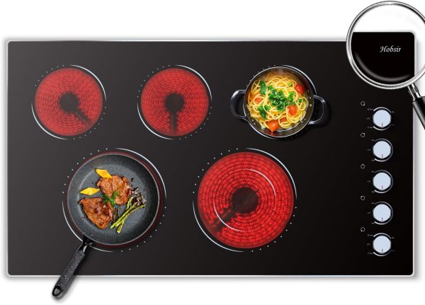 Hobsir Electric Cooktop 36 Inch, Electric Stove Top Burner, 5 Burners 36 Cooktop, Knob Control 8400W Drop-in Ceramic Stove with Glass Metal Frame, Dual Ring, 220-240V, Hard Wired (No Plug)