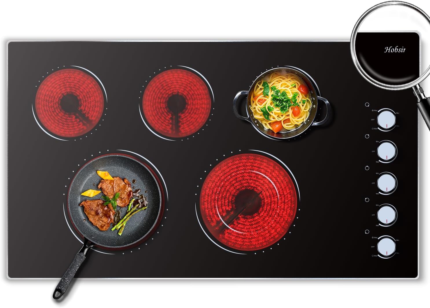 Hobsir Electric Cooktop 36 Inch, Electric Stove Top Burner, 5 Burners 36 Cooktop, Knob Control 8400W Drop-in Ceramic Stove with Glass Metal Frame, Dual Ring, 220-240V, Hard Wired (No Plug)