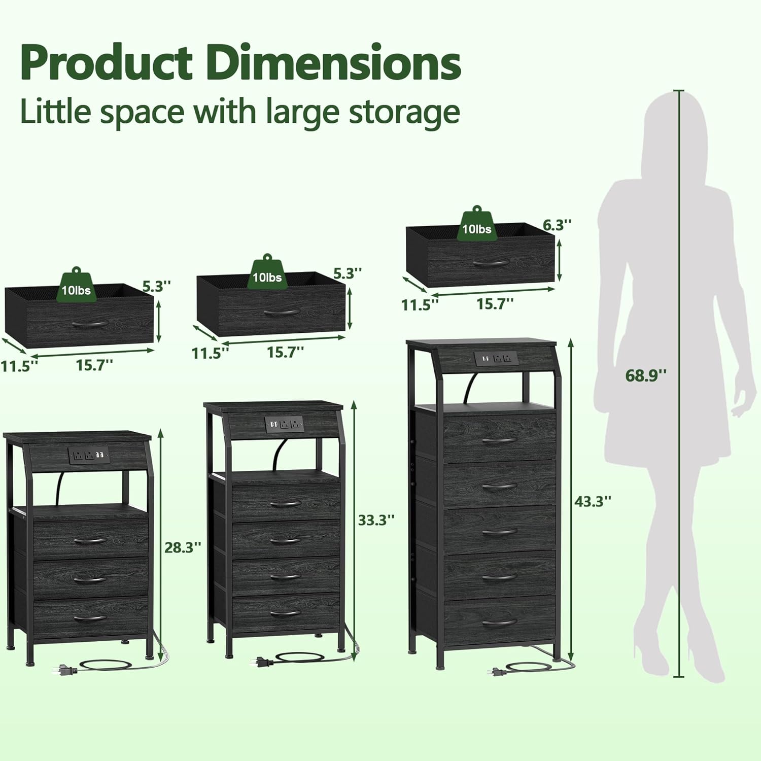 Furnulem 5 Drawers Dresser with Charging Station, Fabric Chest of Drawers with Open Shelf, Tall Night Stand, Bedside Table for Closet, Entryway, Bedroom Furniture, 3 Ways to Use, Black Oak - Image 9