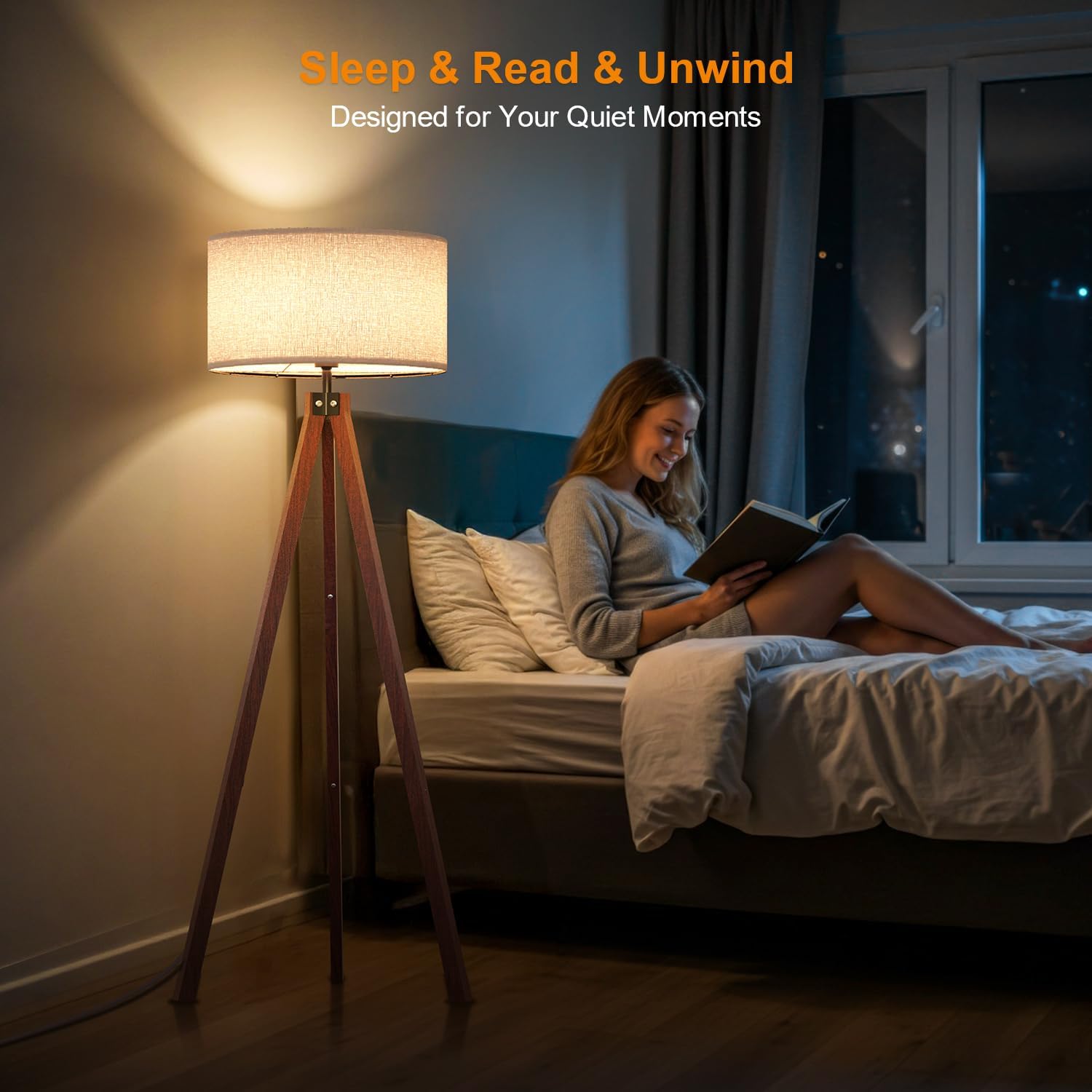 LEPOWER Wood Tripod Floor Lamp, Mid Century Standing Lamp, Modern Design Studying Light for Living Room, Bedroom, Study Room and Office, Flaxen Linen Shade with E26 Base Brown - Image 6