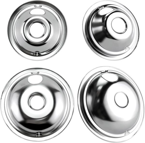 4 Pack GE68C Chrome 2 x 6inch, 2 x 8inch Burner Drip Pan Bowls by PANDEELS- Fit for GE Stoves and Hot-point Electric Ranges - Drip Pans Set