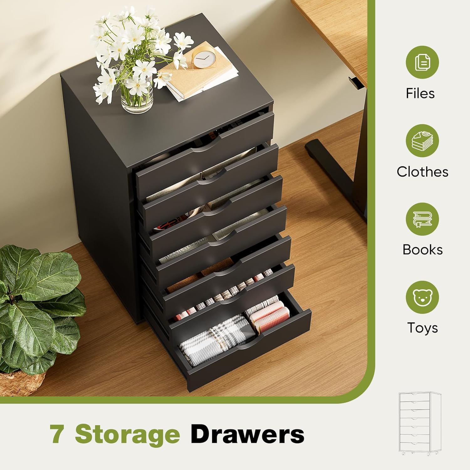 Sweetcrispy 7 Drawer Chest Mobile Storage Cabinets Wooden Dresser with Wheels Room Organization Furniture for Office Home, Black Wood - Image 5