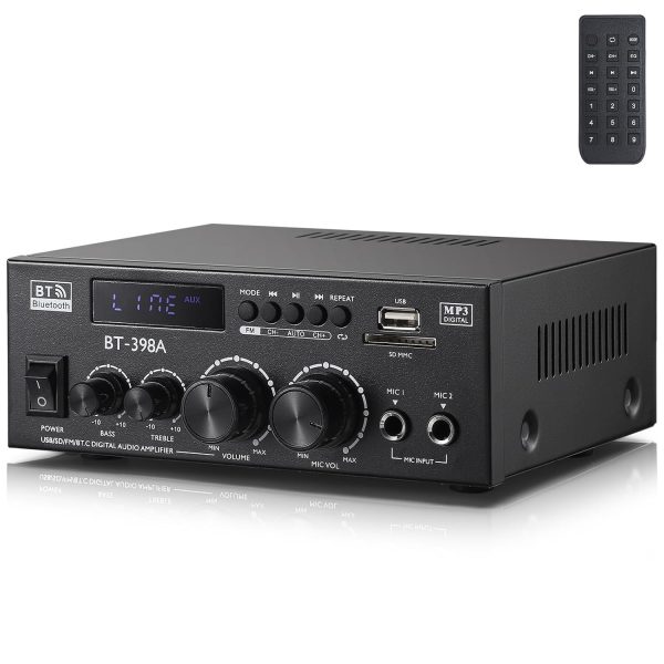 BT-398A Stereo Audio Amplifier, MAX 450W 2 Channel Wireless Bluetooth 5.0 Power Amplifier System,w/USB, SD, RCA, MIC, Optical, Coaxial in, Stereo Amplifiers System for Home Theater Speakers