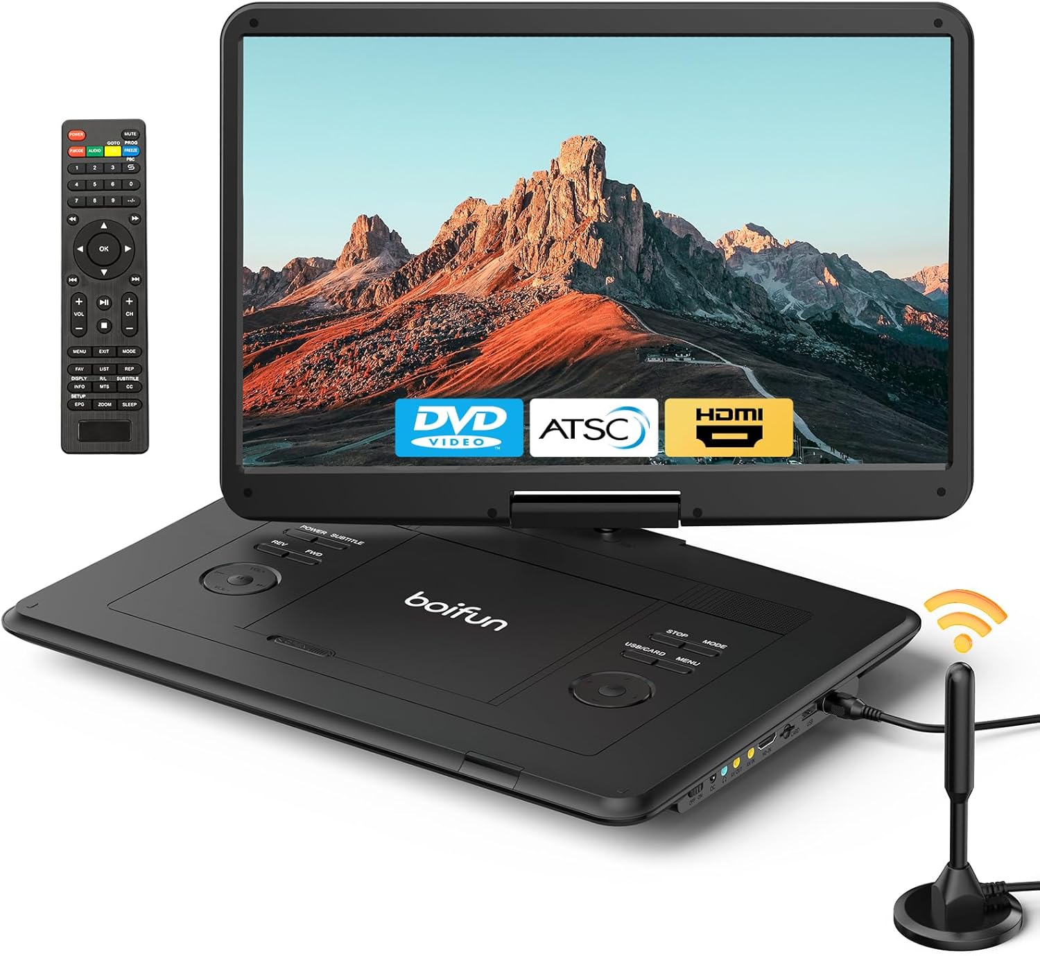 BOIFUN 17.5" Portable TV/DVD Player Combo with 15.6" Large HD Swivel Screen, Digital TV ATSC Tuner, Built-in Battery, Support HDMI in/USB/Micro SD/AV Out and Multiple Disc Formats, Black