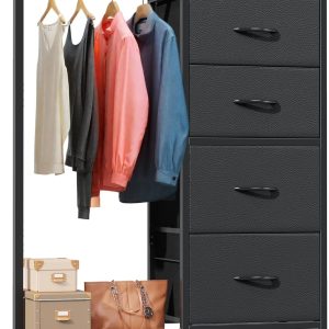 Dresser with Hanging Rack, 4 Drawers Small Closet for Bedroom, Reversible Fabric Chest of Drawers with Clothes Rack, Tall Storage Tower, Sturdy Frame, Black, 44''H