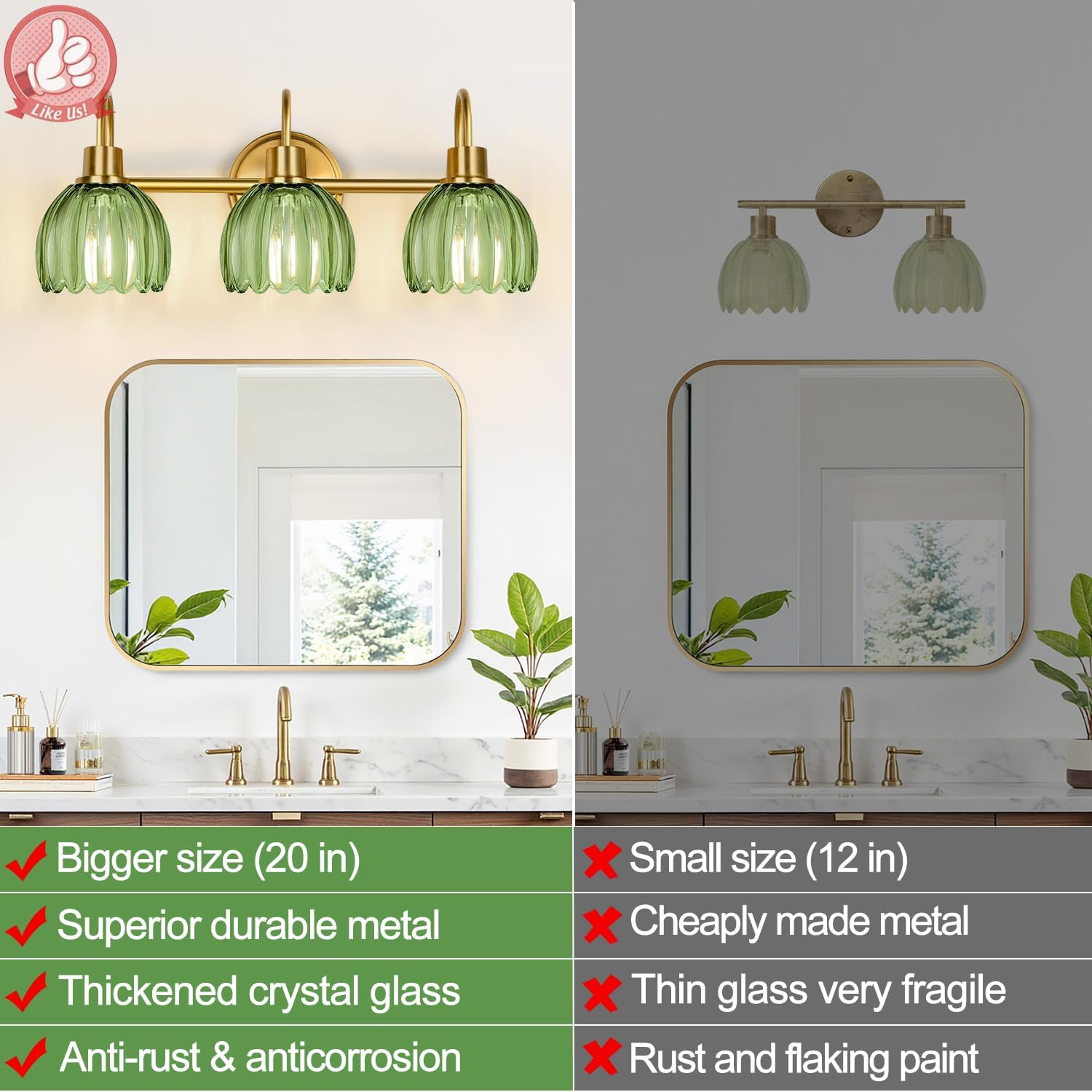 Bathroom Light Fixtures (3-Light, 20 in), Brushed Gold Vanity Lights for Bathroom with Ribbed Green Tulip Glass Shade, Vintage Vanity Wall Lights for Mirror Bedroom Living Room Hallway - Image 2