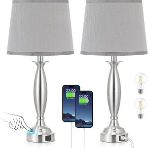 Bedrooms Touch Control Bedside Lamp with USB C+A, 3 Way Dimmable Nightstand Lamps with USB Port, Brushed Nickel Table Lamp for Living Room Guest Room Bed Side End Table, Set of 2