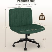 Boucle Criss Cross Chair with Wheels – Wide Armless Office Desk Chair, Ergonomic, Height Adjustment, Adjustable Swivel Vanity Chair, Comfy Fabric Computer Task Chair for Home (Boucle, Green) - Image 3