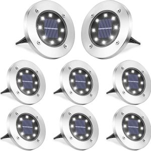LYHOPE Solar Ground Lights Outdoor, 8 Pack 8 LED Solar Disk Lights Waterproof Garden In-ground Pathway Light Landscape Lighting for Lawn,Yard,Deck,Patio,Walkway (White)